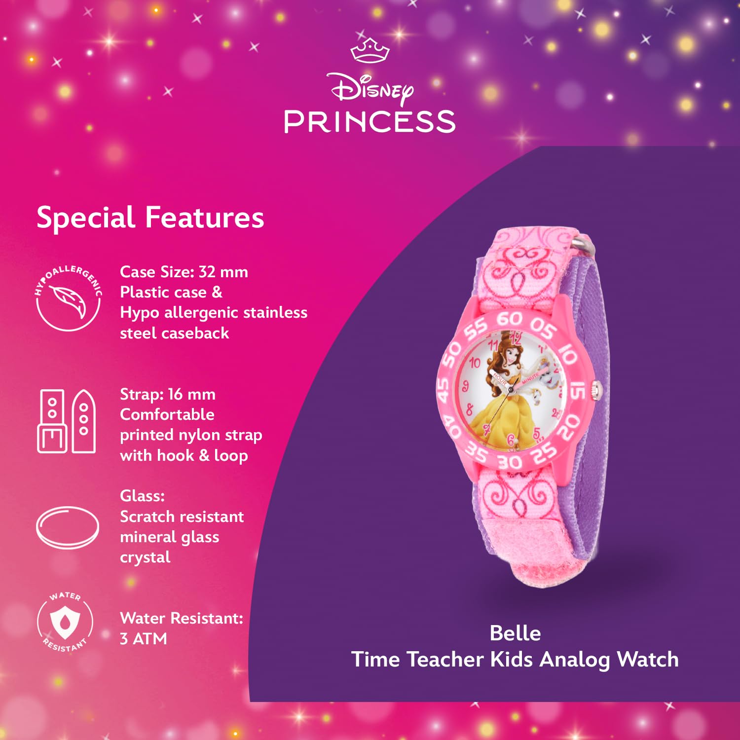 Disney Princess Kids Plastic Time Teacher Analog Quartz Nylon Strap Watch for Learning Time - View 4 of 6