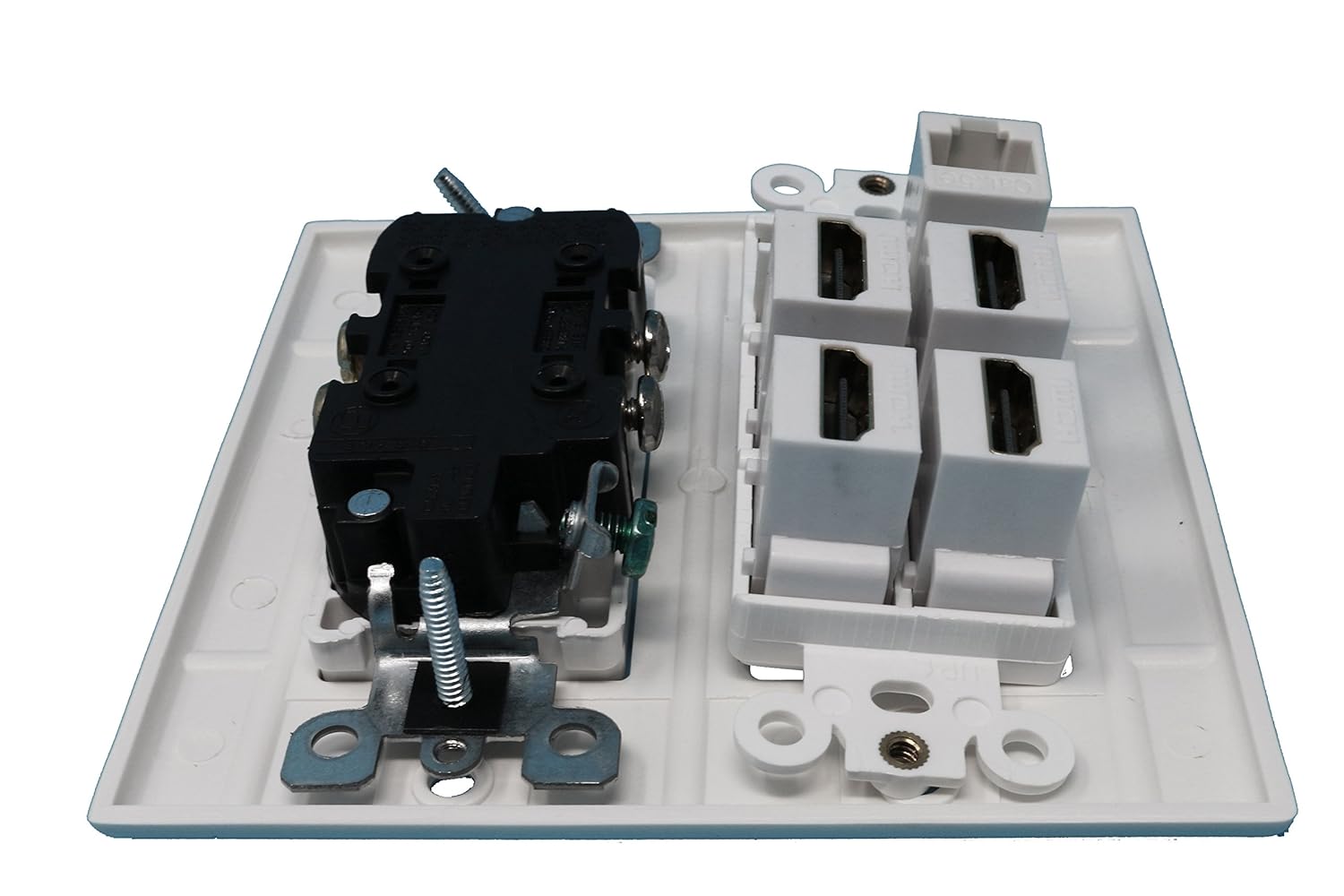 RiteAV 15A Power Outlet 4 Port HDMI Cat5e Ethernet Coax Cable TV Wall Plate White