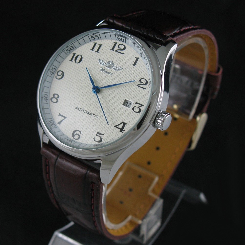 VIGOROSO Men's Automatic Mechanical Watch with Day Calendar and Leather Band featuring Arabic Numerals - View 2 of 6