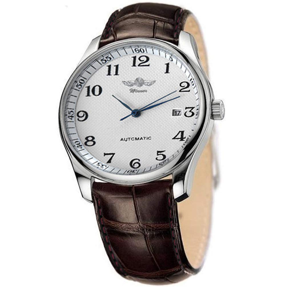 VIGOROSO Men's Automatic Mechanical Watch with Day Calendar and Leather Band featuring Arabic Numerals