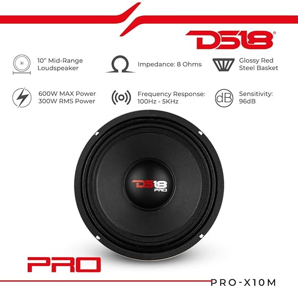 DS18 "DS18 PRO-X10M 10" Loudspeaker - 600W Max Midrange Car Audio Speaker for Superior Stereo Sound" - View 3 of 8
