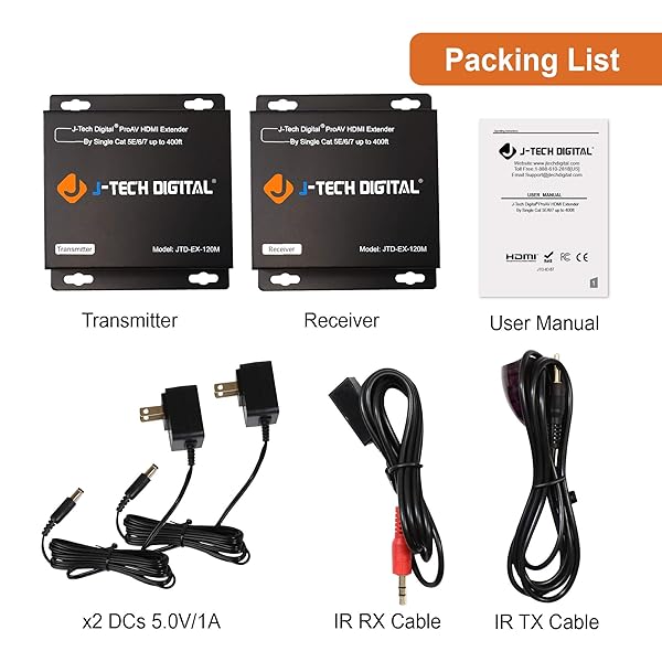 J-Tech Digital J-Tech Digital HDMI Extender Over Cat5e/6/7 - 1080p Up to 400ft with IR Extension | TX + RX - View 8 of 9