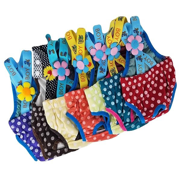 FUNNYDOGCLOTHES Funny Dog Clothes Set 3pcs Small Dog Puppy Diapers Sanitary Pants Suspenders Polka Dots Random Colors for Female Dogs Waist 15"-20" Length 13"-16"