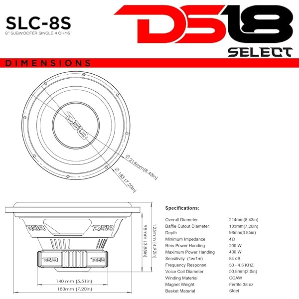 DS18 DS18 SLC-8S Subwoofer: 8-Inch, 400W Max Power, 200W RMS, Durable Design & 4 Ohm Impedance - View 3 of 3