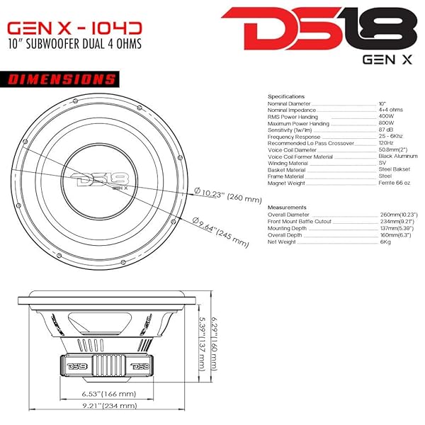 DS18 "DS18 GEN-X104D Subwoofer - 10" Dual 4 Ohm, 800W Max Power Car Audio Bass Speaker" - View 7 of 7