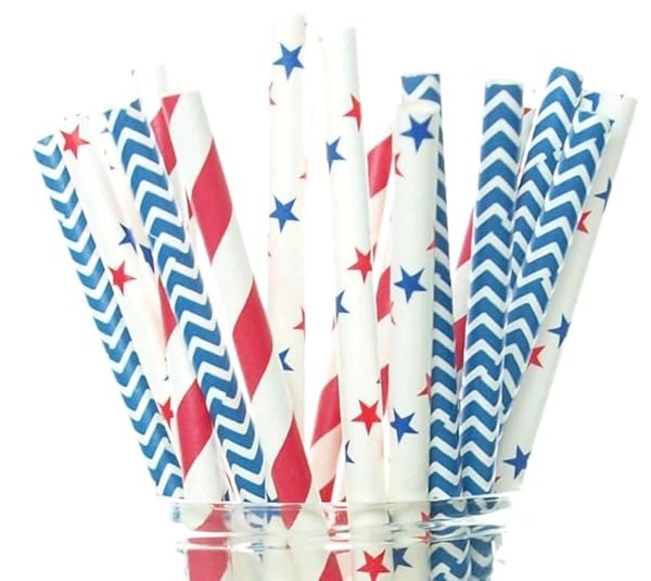 Food With Fashion Food With Fashion 4th of July Straws USA Red White Blue Party Straws Paper Straws for Drinking Cute Disposable Straws 25 Pack