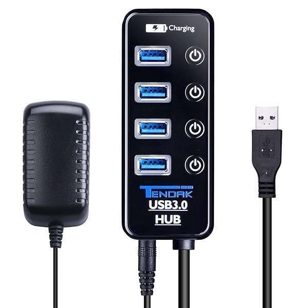 Tendak Tendak USB 3.0 Hub: 4 Data Ports + 1 Smart Charging Port with Power Supply & Switches for MacBook & HDD