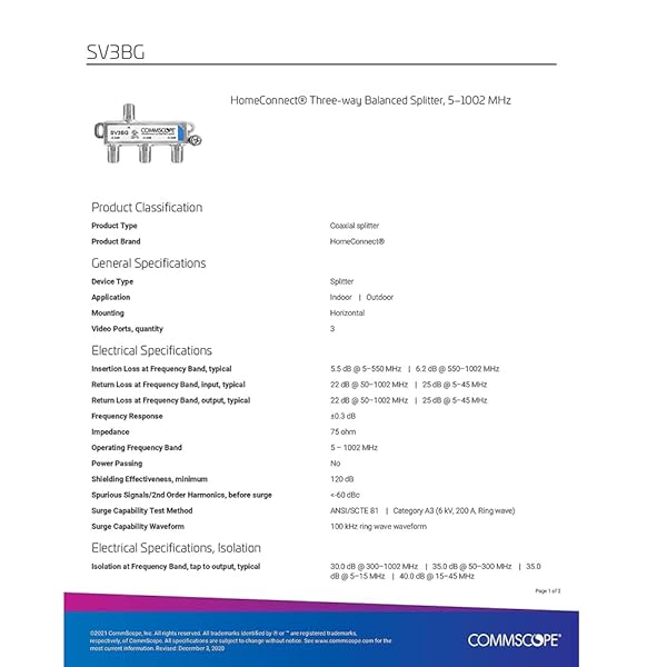 Commscope Commscope SV-3BG 3-Way Balanced Splitter (5-1002 MHz) - High-Quality Signal Distribution - View 3 of 6