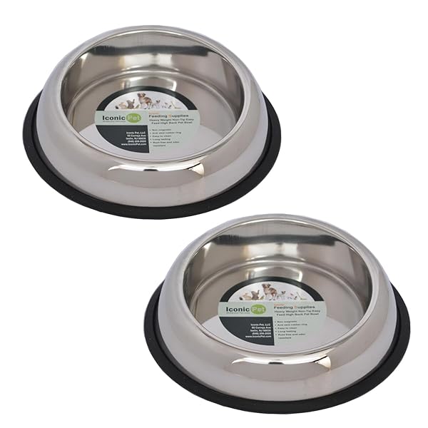 Iconic Pet ICONIC PET Heavy Weight Non-Skid Stainless Steel Pet Food Water Bowls 2 Pack with Removable Rubber Ring Dishwasher Safe Unique Design