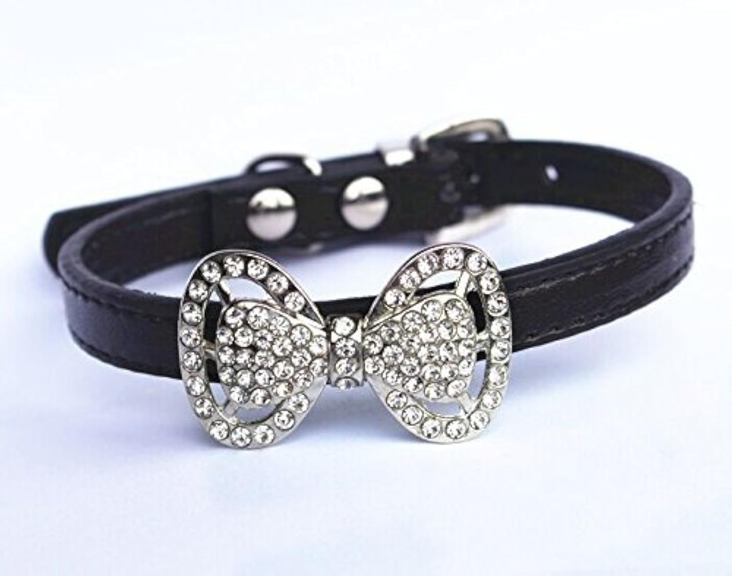 PETFAVORITES PETFAVORITES Leather Rhinestone Bow Tie Collar for Small Dogs and Cats Adjustable 10.7 to 13 Inch Black Pet Jewelry and Costume