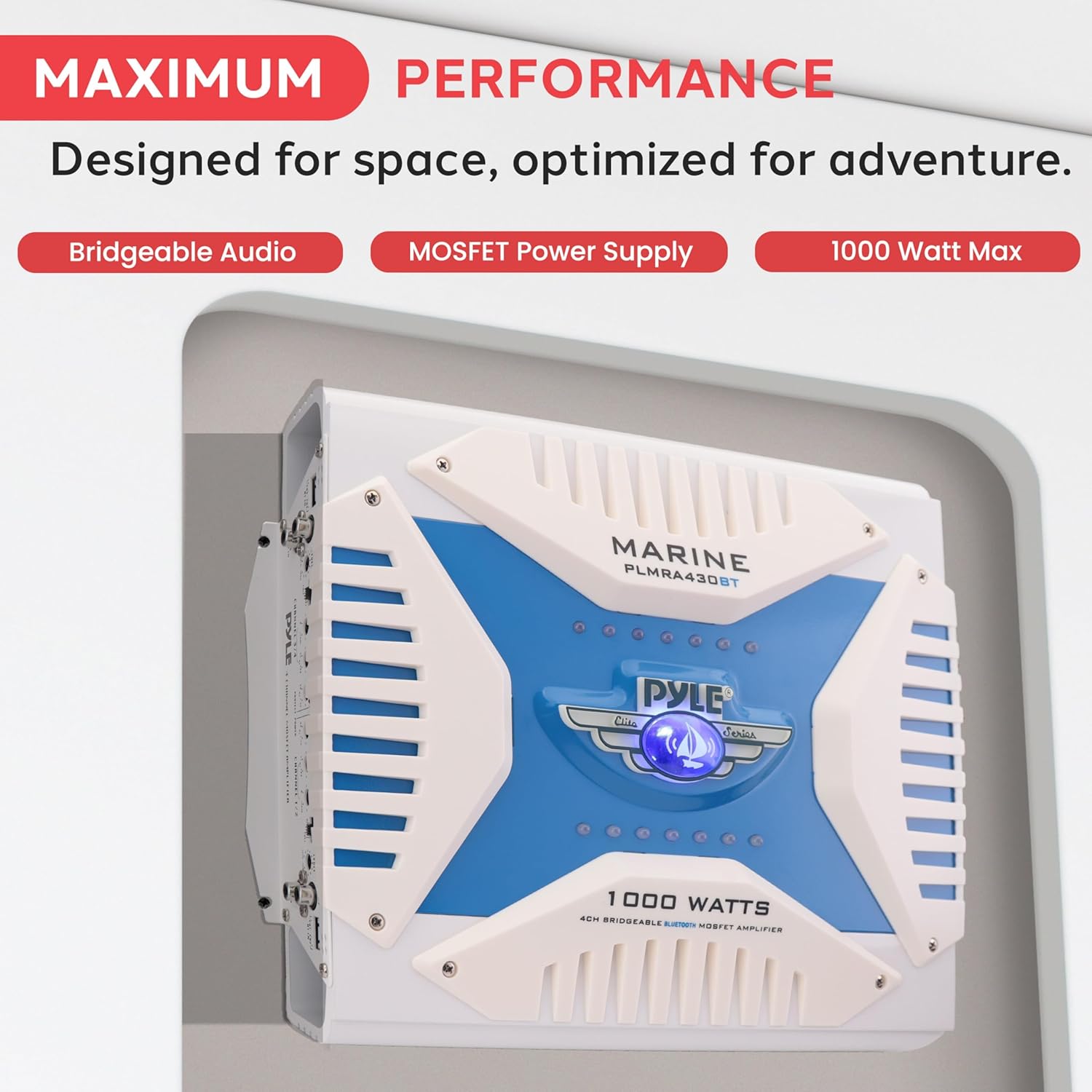 Pyle Pyle 21 Bluetooth Marine Amplifier Receiver Waterproof 4 Channel Audio Amp 1000 Watt Power Dual MOSFET GAIN Level LED Indicator PLMRA430BT - View 5 of 7