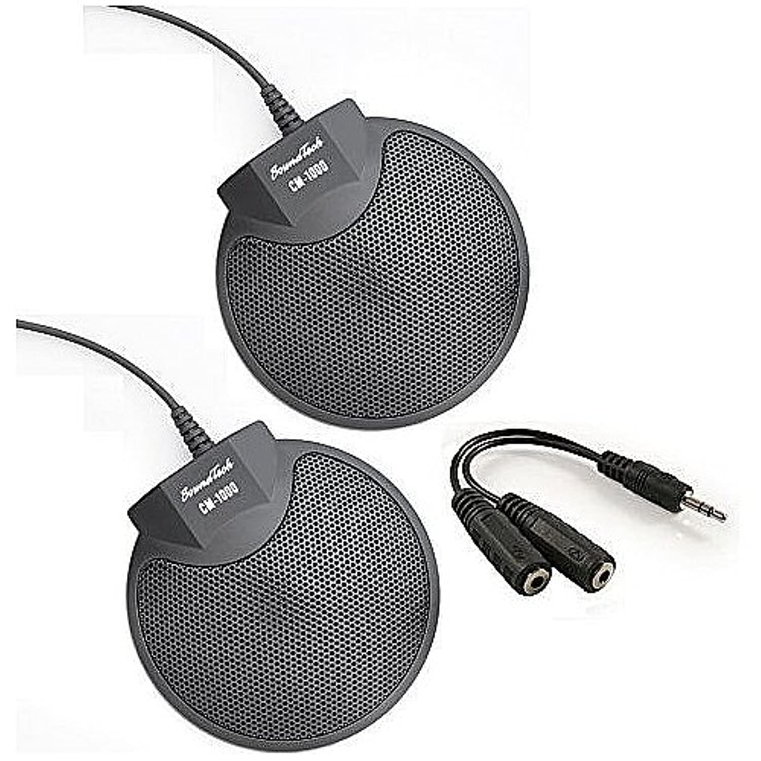 Sound Tech CM-1000X2-Y88 Pack of 2 Table Top Conference Microphones with Omni-Directional Stereo 3.5mm Plug Audio Splitter