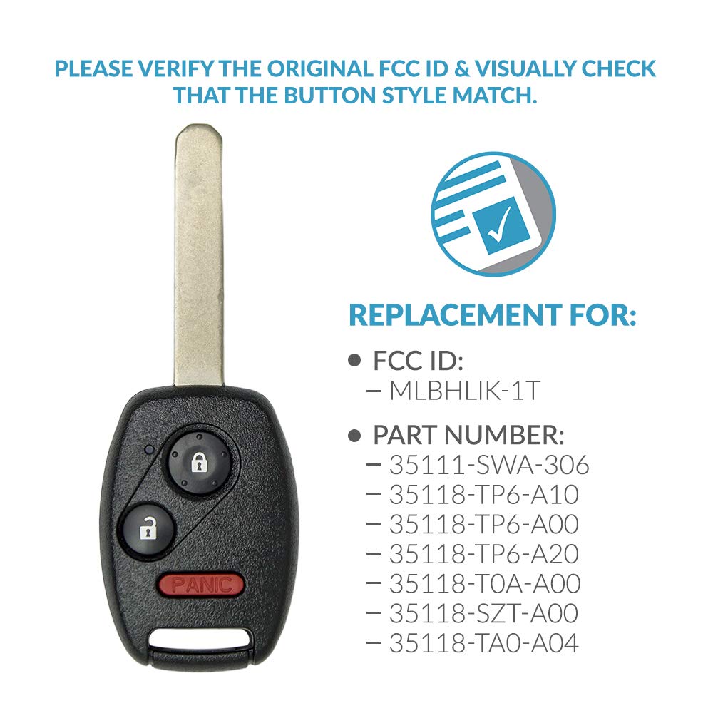 Keyless2Go Keyless2Go Replacement Keyless Entry Remote Key 3 Button MLBHLIK-1T 35111-SWA-306 1 Pack - View 4 of 5