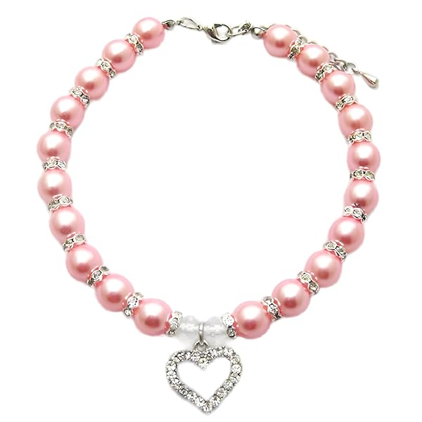 PETFAVORITES PETFAVORITES Engraved Crystal Heart Dog Necklace with Bling Pearls and Rhinestones for Small Dogs and Cats in Pink 8 to 10 Inch