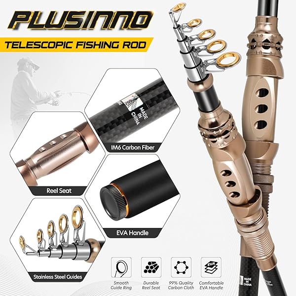 PLUSINNO PLUSINNO Fishing Rod and Reel Combos Carbon Fiber Telescopic Kit for Sea Saltwater and Freshwater Fishing - View 4 of 8
