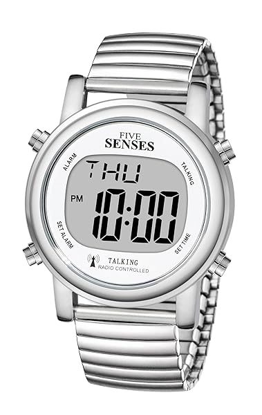 Timechant FIVE SENSES Atomic Talking Watch Self Setting Easy to Read Silver Metal Timepiece