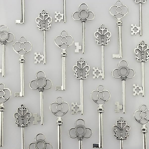 LolliBeads Shop LolliBeads Antiqued Silver Skeleton Key Sets - 30 Pcs Tibetan Filigree Steampunk Keys