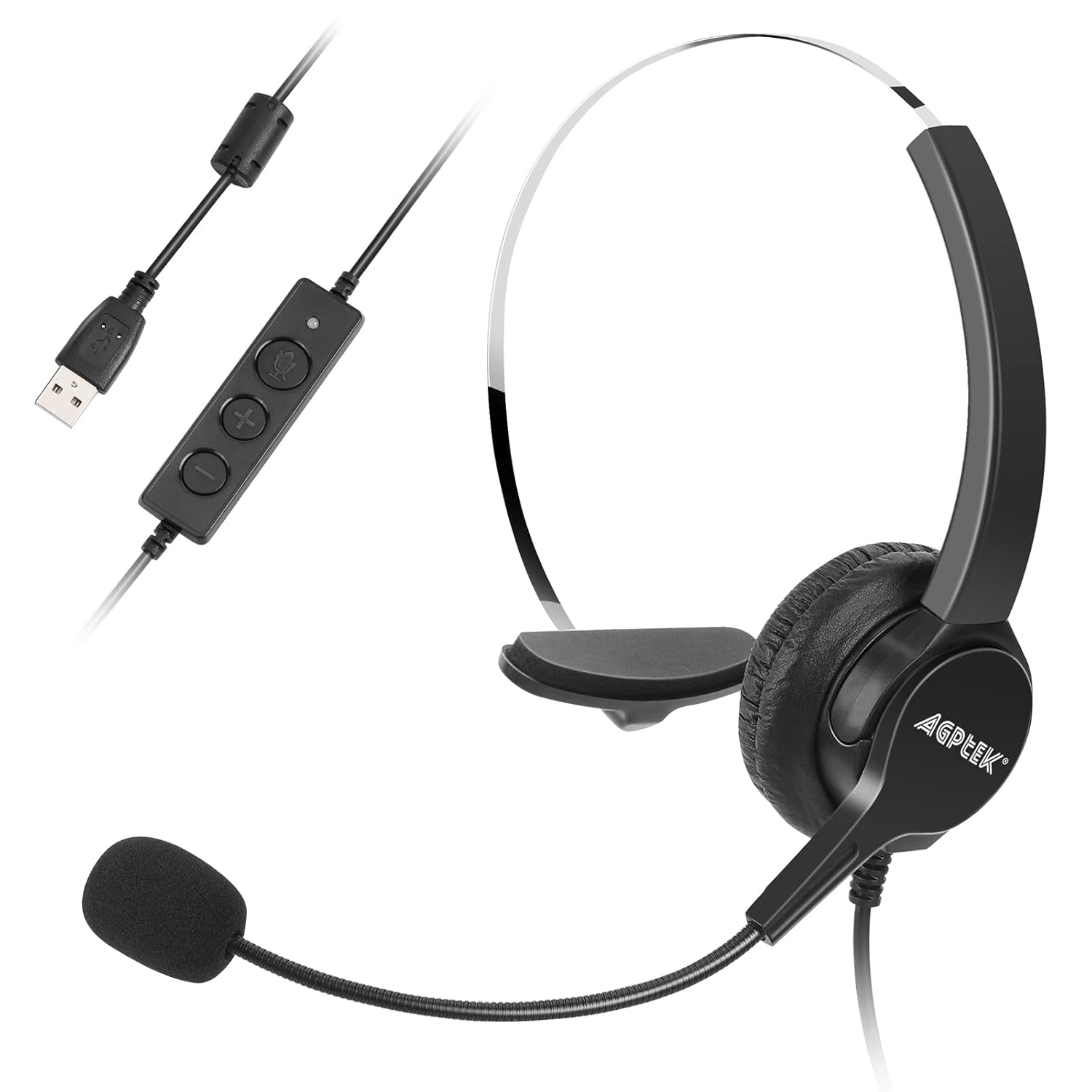 AGPTEK AGPTEK Hands-Free Call Center Noise Cancelling USB Headset with Microphone for PC Volume Control Corded Monaural Headphone