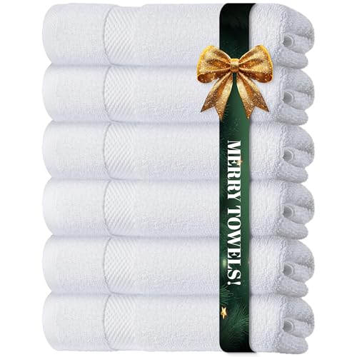 White Classic Luxury White Hand Towels - 100% Turkish Cotton, Soft & Absorbent | Set of 6 | Perfect for Spa & Bathroom | 16x30 Inch