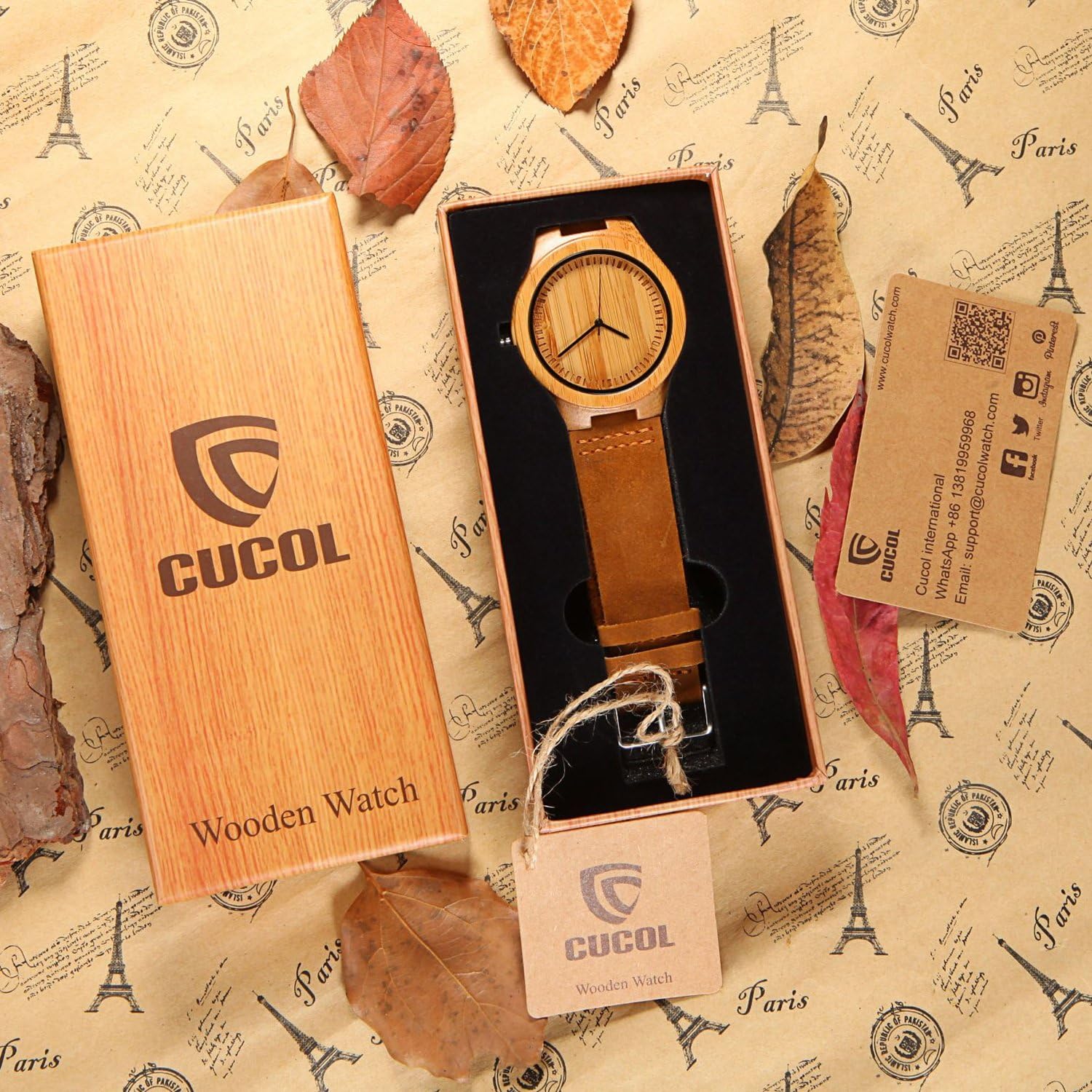 CUCOL Men's Bamboo Wooden Watch with Brown Leather Strap and Japanese Quartz Movement for Casual Style - View 2 of 8