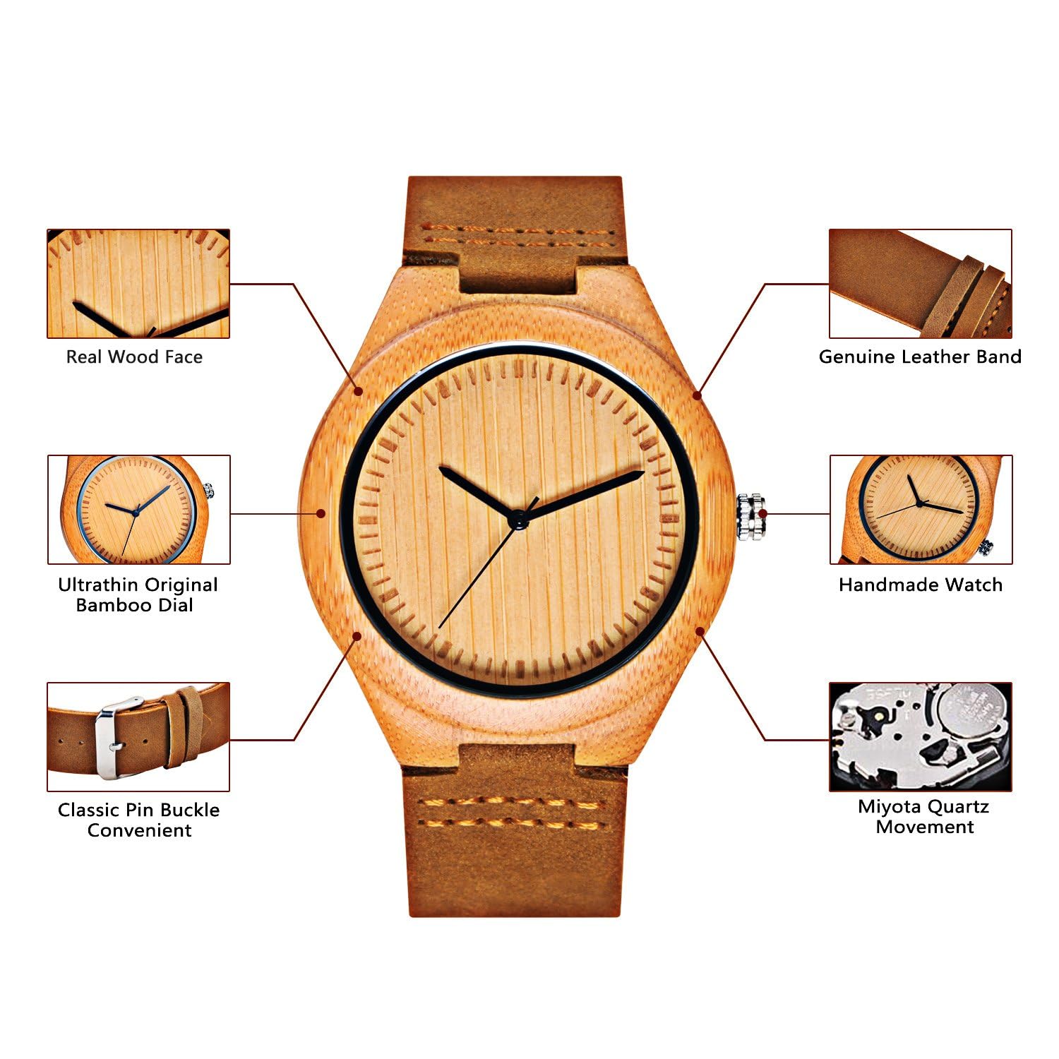CUCOL Men's Bamboo Wooden Watch with Brown Leather Strap and Japanese Quartz Movement for Casual Style - View 3 of 8