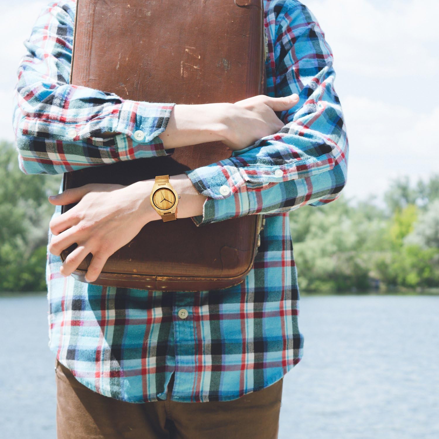 CUCOL Men's Bamboo Wooden Watch with Brown Leather Strap and Japanese Quartz Movement for Casual Style - View 6 of 8