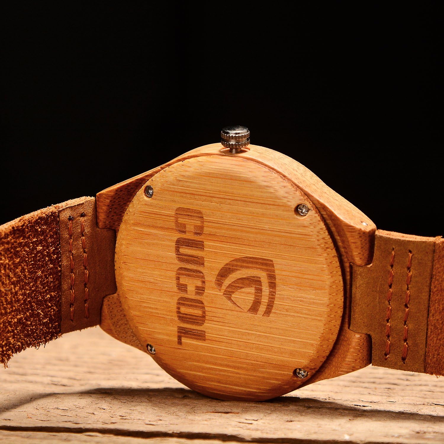 CUCOL Men's Bamboo Wooden Watch with Brown Leather Strap and Japanese Quartz Movement for Casual Style - View 7 of 8