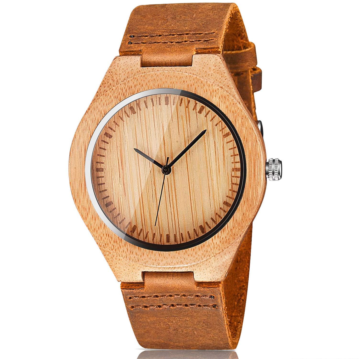 CUCOL Men's Bamboo Wooden Watch with Brown Leather Strap and Japanese Quartz Movement for Casual Style