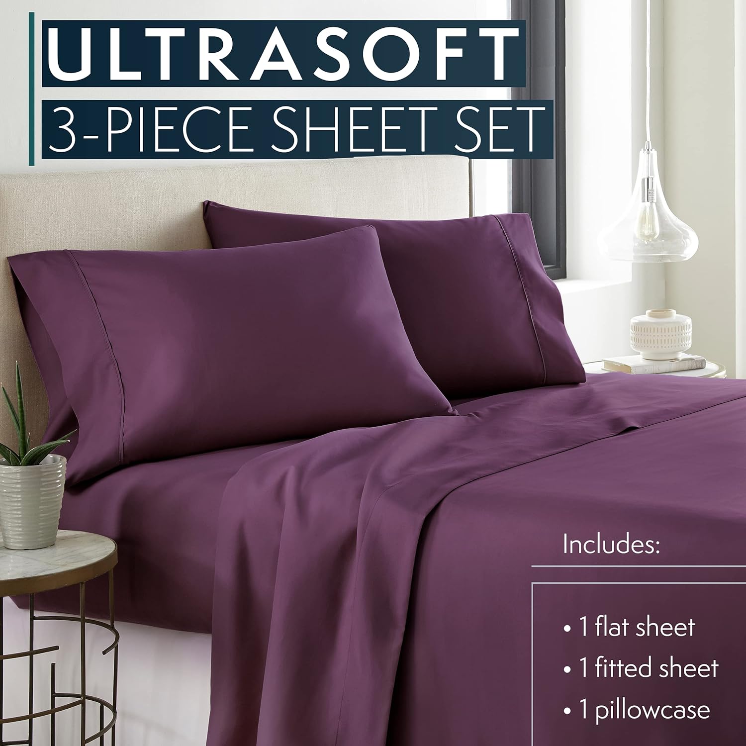 HC COLLECTION HC COLLECTION Twin Sheets Set - 3pc Soft Microfiber Bed Sheets & Pillowcases, Machine Washable, Deep Pockets, Purple - All Season Comfort - View 2 of 9