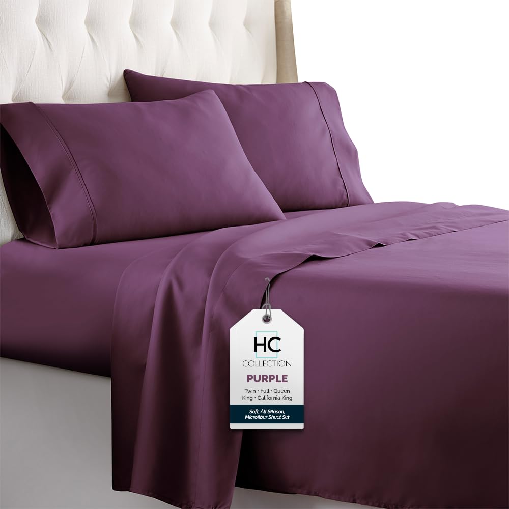 HC COLLECTION Twin Sheets Set - 3pc Soft Microfiber Bed Sheets & Pillowcases, Machine Washable, Deep Pockets, Purple - All Season Comfort