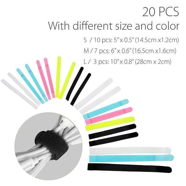 Avantree Avantree 20-Pack Reusable Cord Organizers: Cable Ties for Earbuds, Electronics & PC - 3 Sizes, 5 Colors - View 3 of 8