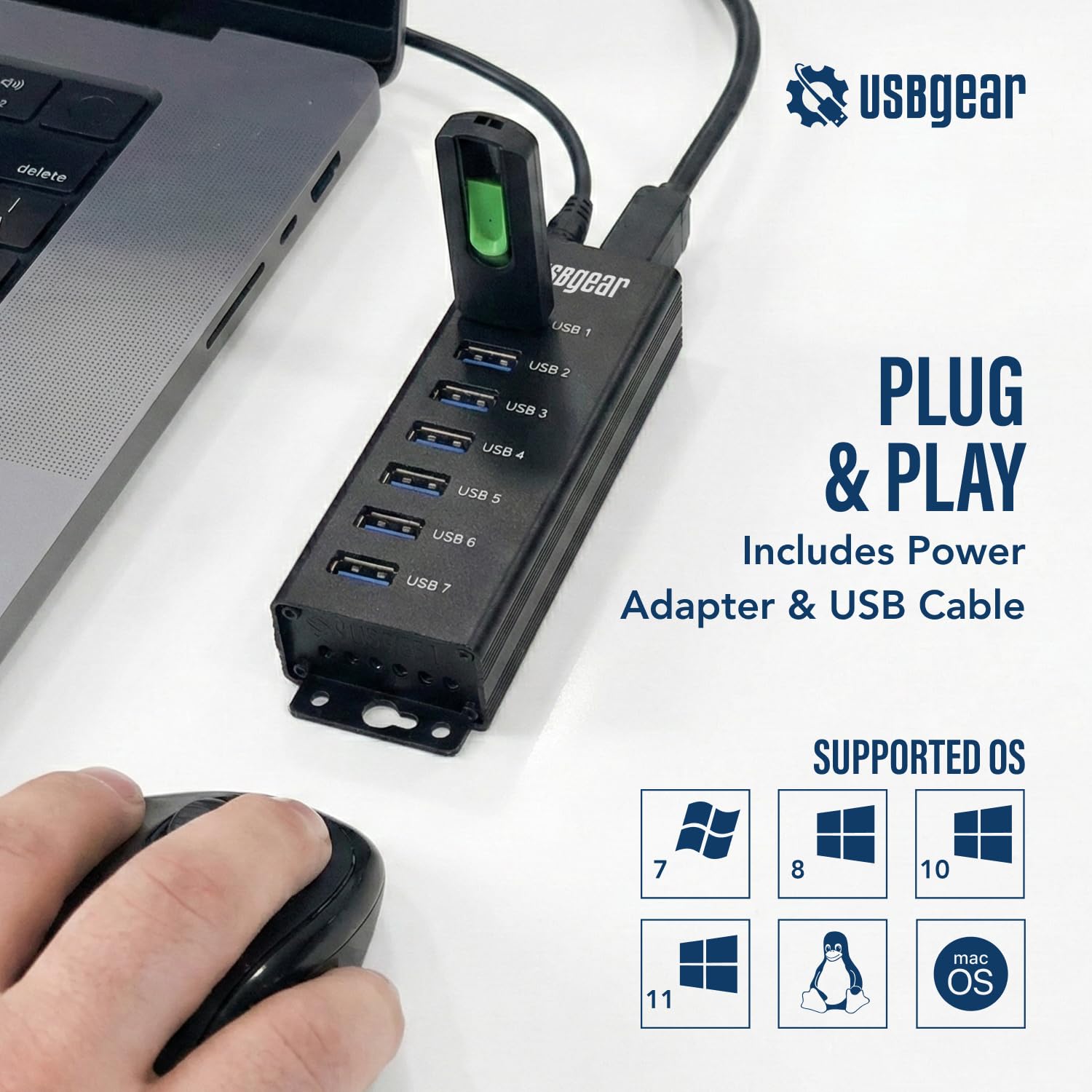 USBGear 7 Port USB 3.2 Gen 1 Charging and SuperSpeed Mountable Data Hub for Fast Data Transfer and Efficient Charging - View 2 of 9