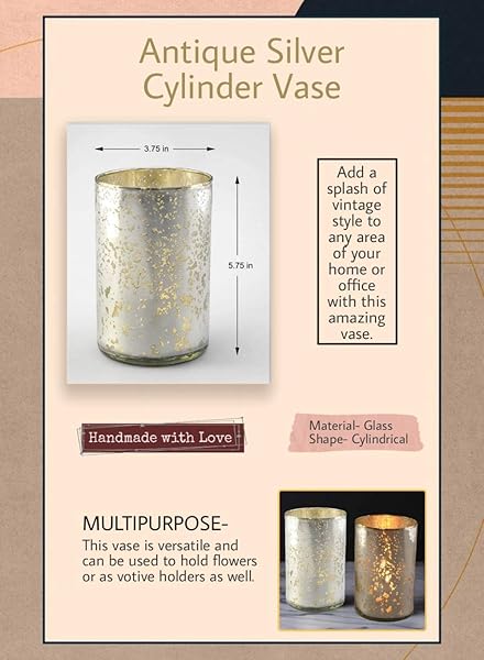 Serene Spaces Living Serene Spaces Living Antique Silver Cylinder Vase Vintage Handmade Mercury Glass 6 Inch Tall for Weddings Parties Events - View 7 of 7