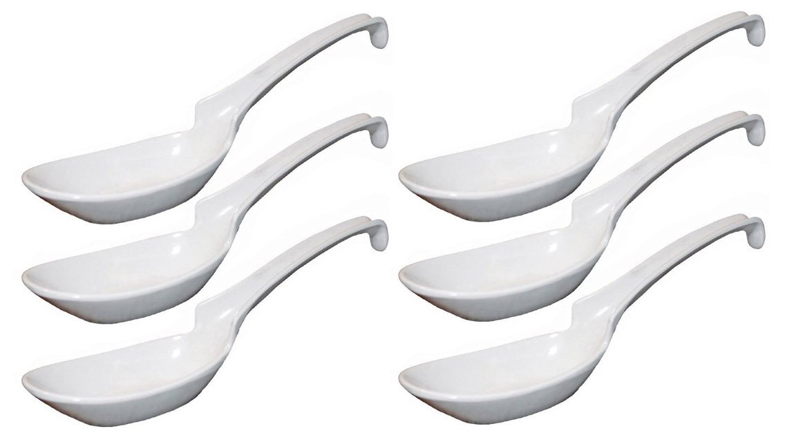 Happy Sales Melamine Soba Rice Spoons Chinese Won Ton Soup Spoon Asian White 6 Pack Notch Hook Style Kitchen Utensils