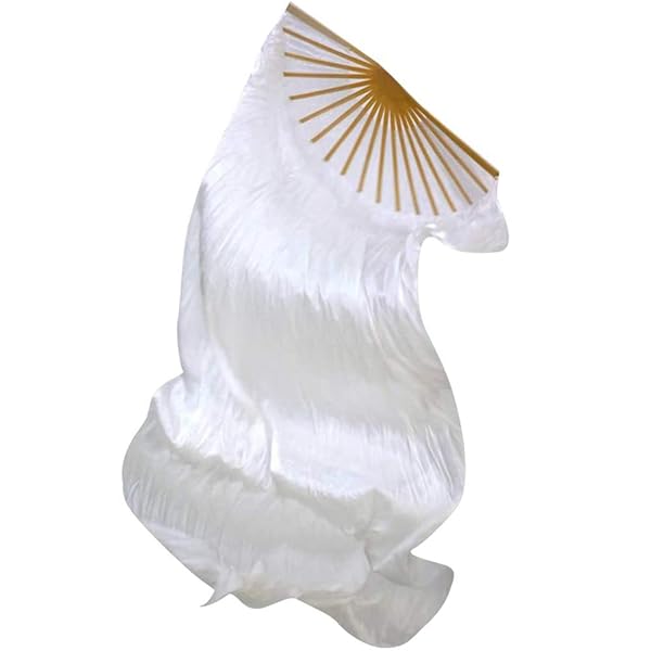 WEISIPU WEISIPU Hand-Made Faux Silk Belly Dance Fan Veils - Bamboo Long Fans Veils Available in 8 Stunning Colors for Dance Performances Right Hand(White)