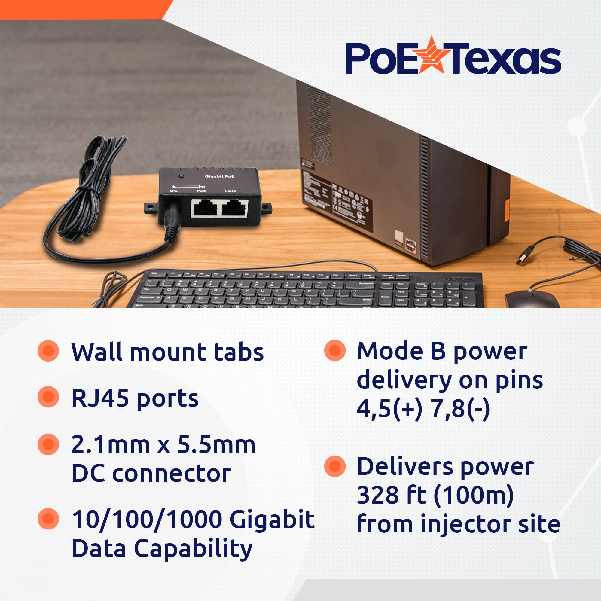 Poe Texas PoE Injector Single Port Power Over Ethernet Adapter 10/100/1000 Gigabit with 48V 15W Power Supply for Home Office and VoIP - View 3 of 6