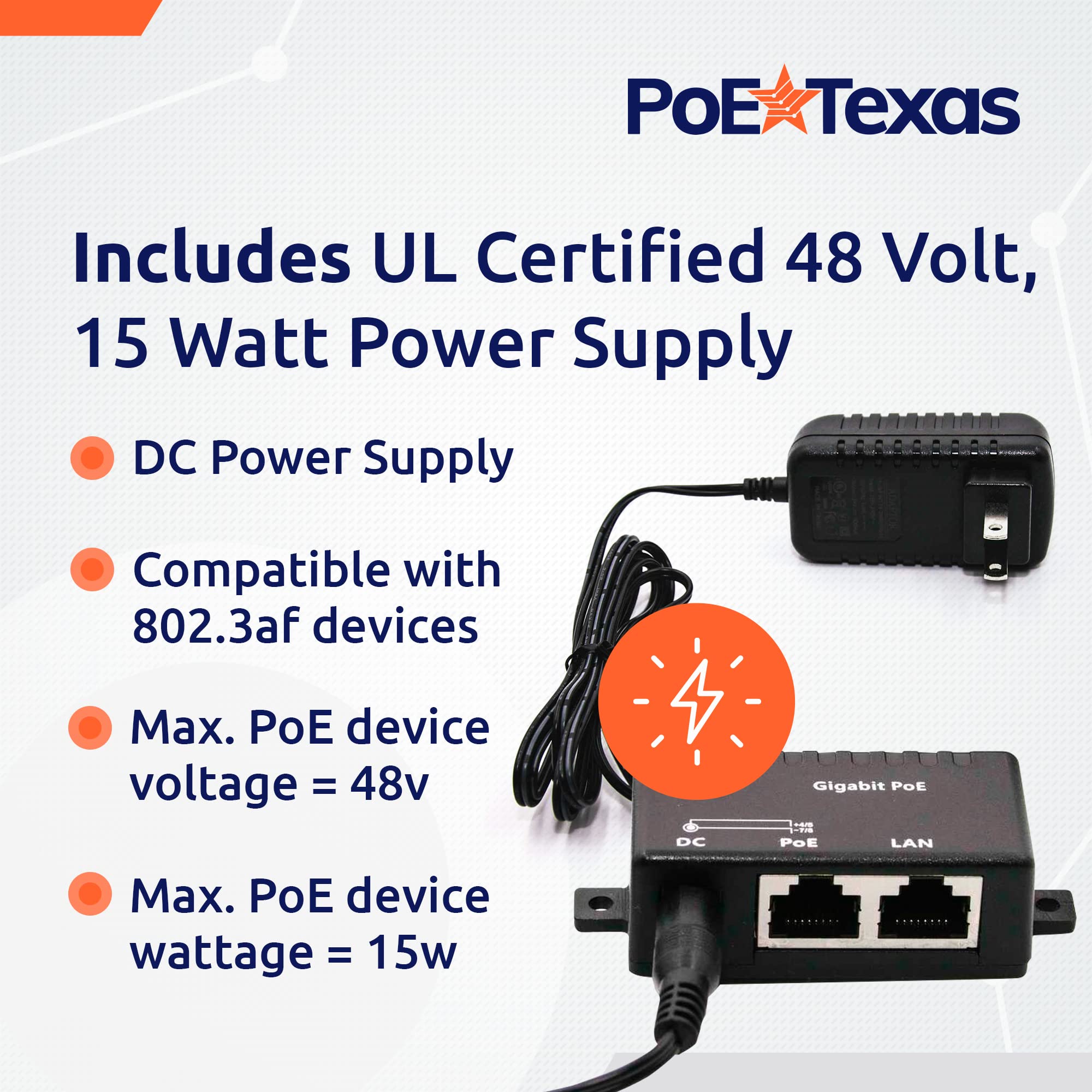 Poe Texas PoE Injector Single Port Power Over Ethernet Adapter 10/100/1000 Gigabit with 48V 15W Power Supply for Home Office and VoIP - View 5 of 6