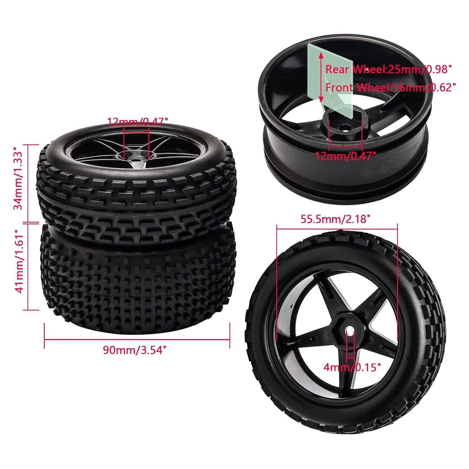 JIUWU JIUWU 1:10 Scale Off Road RC Buggy Front Wheels and Tyres Set of 4 Black 5 Spoke for HSP High Performance Upgrade - View 2 of 3