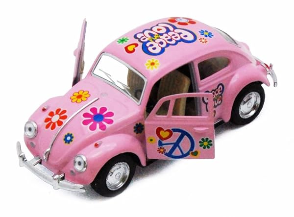KiNSMART KiNSMART 1967 Volkswagen Beetle Pink Die Cast Model Car with Peace Love Decals 1:36 Scale Pullback Action Toy