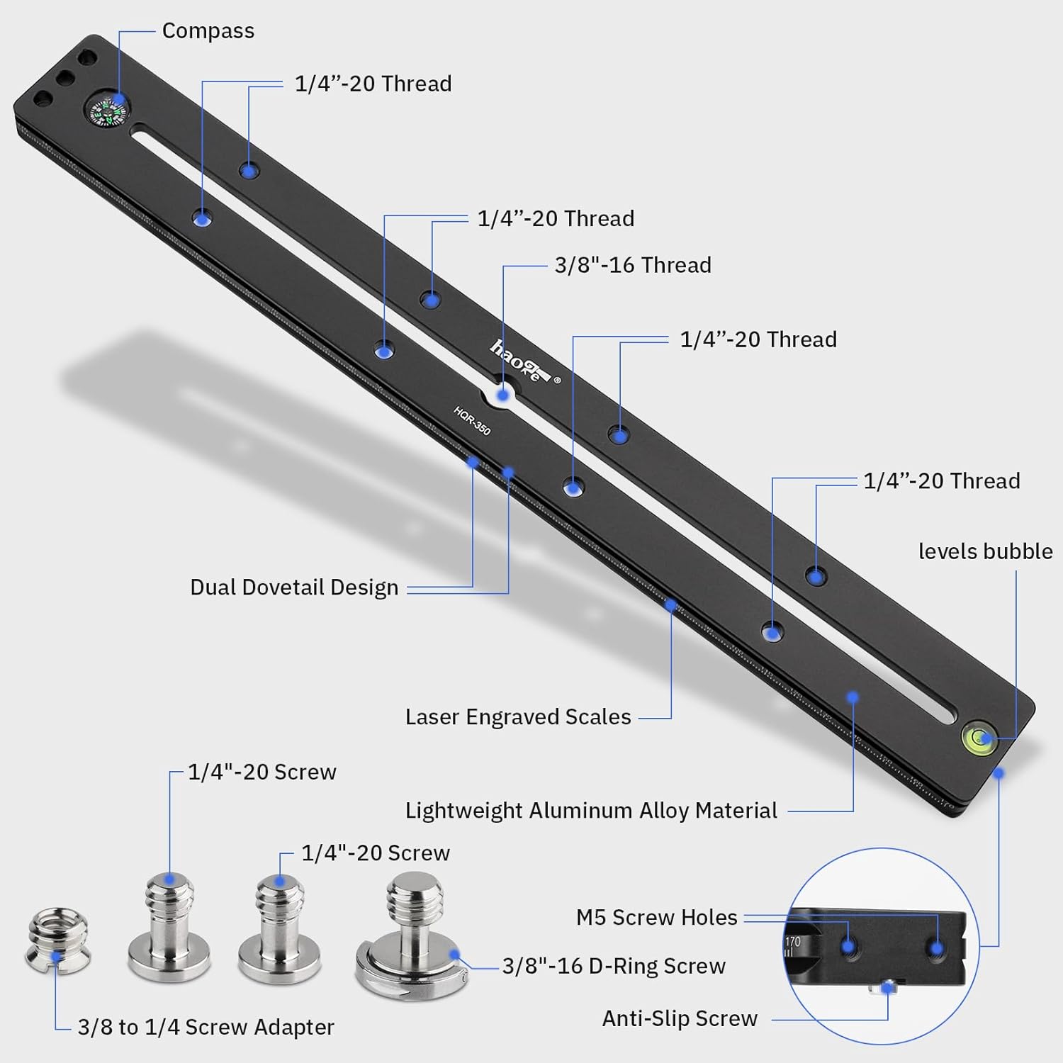 Haoge Haoge HQR-350 350mm Multi-Purpose Dual Dovetail Quick Release Extender Rail Sliding Plate for Camera Tripod Ballhead Clamp - View 4 of 9