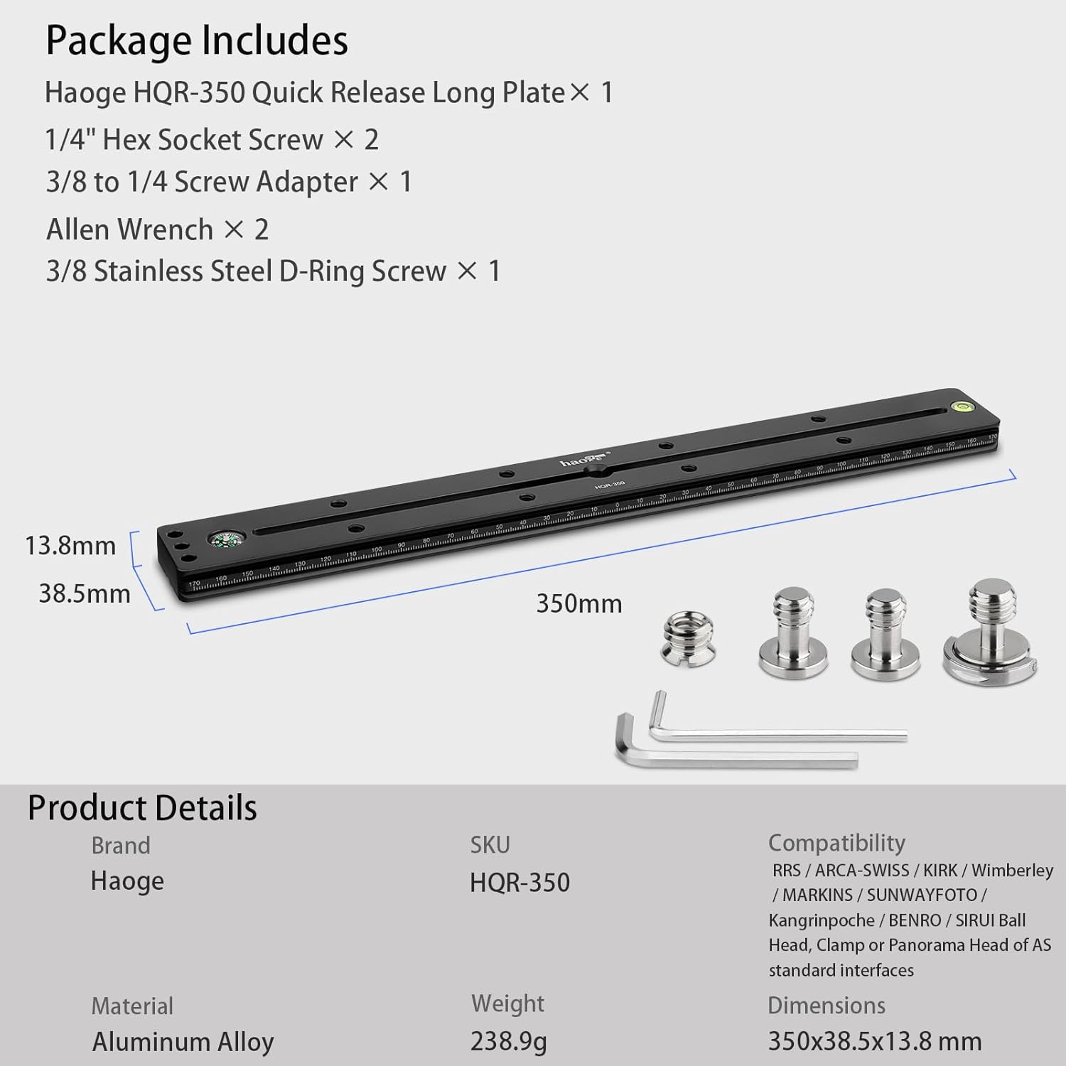 Haoge Haoge HQR-350 350mm Multi-Purpose Dual Dovetail Quick Release Extender Rail Sliding Plate for Camera Tripod Ballhead Clamp - View 9 of 9