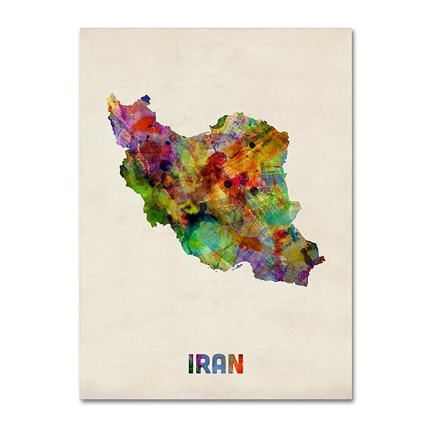 Trademark Fine Art Iran Watercolor Map Canvas Wall Art by Michael Tompsett 14x19 Inch in Green Red Purple Yellow Beige MT0507-C1419GG