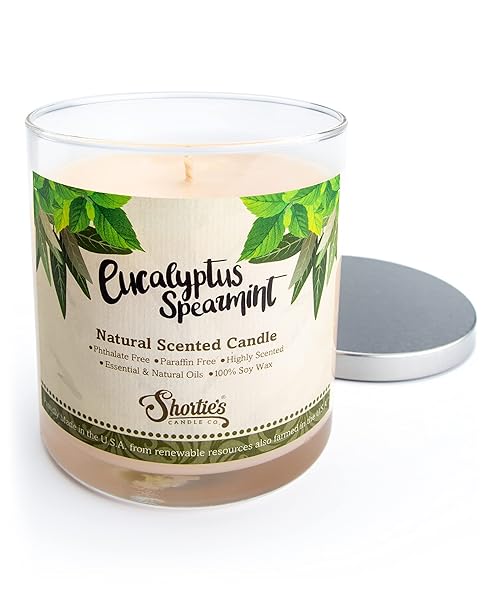 Shortie's Candle Company Eucalyptus Spearmint Scented Natural Soy Candle 100 Soy Clean Burning Essential Oils 9 Oz