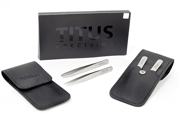 TITUS Titus Elite Luxury Twin Pack Premium Slant Tip and Splinter Tip Tweezers with Leather Case Grooming Gift Set for Teens and Adults
