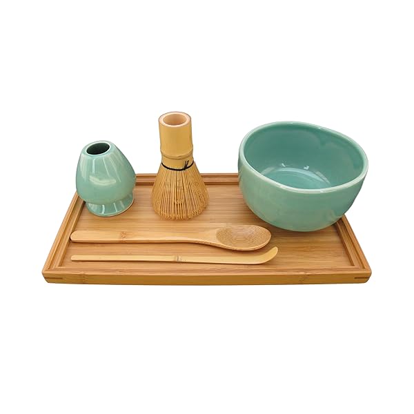 BambooMN BambooMN Matcha Bowl Set with Whisk Rest Chasaku Spoon and Tray Green 1 Set for Perfect Tea Ceremony
