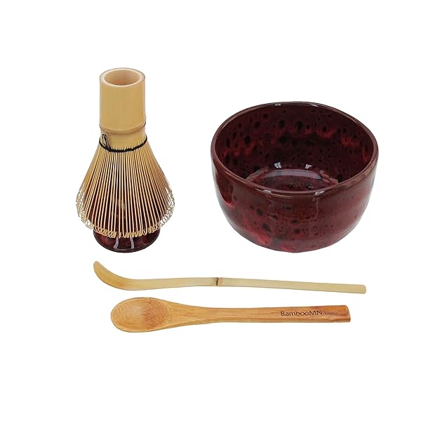 BambooMN BambooMN Matcha Bowl Set Deep Red Black Includes Bowl Rest Tea Whisk Chasaku Tea Spoon 1 Set