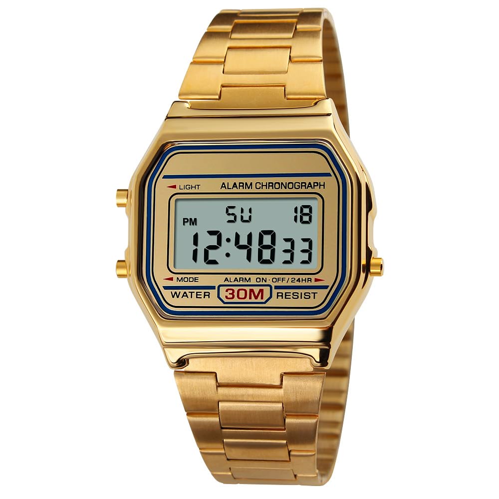 VIGOROSO Vintage Retro Gold Stainless Steel Digital Casual Watch for Men and Women with Alarm and Stopwatch Features