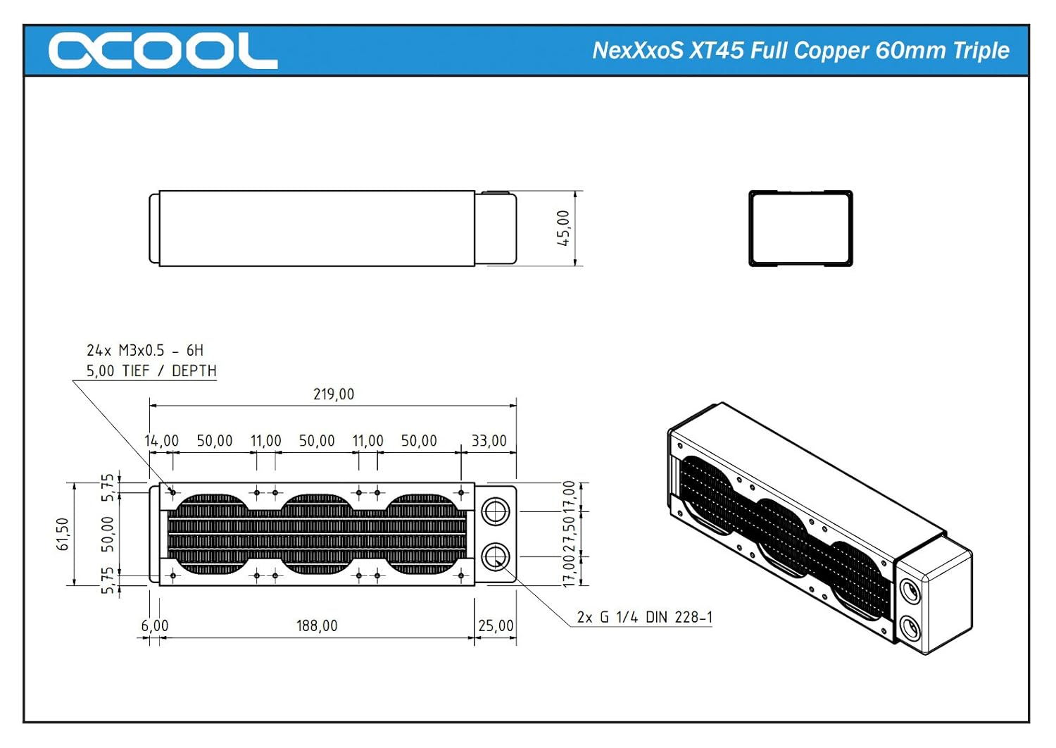 Alphacool Alphacool NexXxoS XT45 Full Copper 60mm Triple Radiator for Efficient Cooling Solutions - View 3 of 4