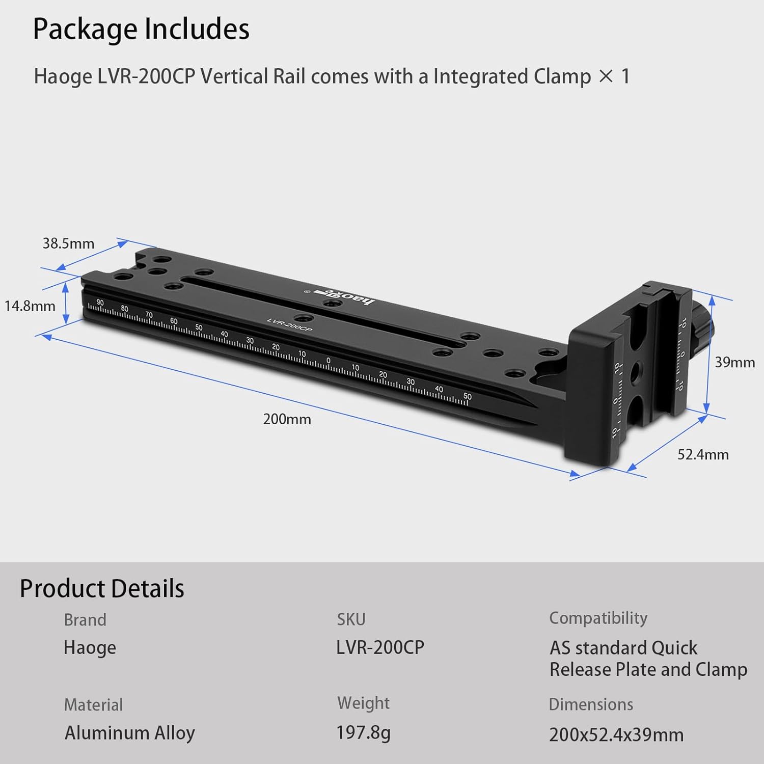 Haoge Haoge LVR-200CP 200mm Dual Dovetails Nodal Slide Vertical Rail with Quick Release Clamp for Arca-Swiss SUNWAYFOTO - View 6 of 9