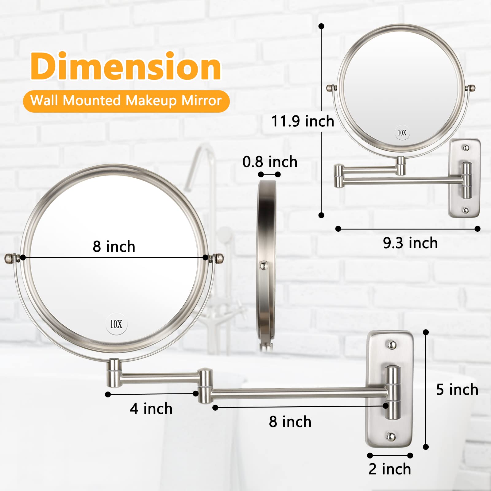 Wall Mounted Makeup Mirror 10x Magnification 8 Inch Two Sided Swivel Extendable Bathroom Mirror Nickel Finish - View 4 of 7